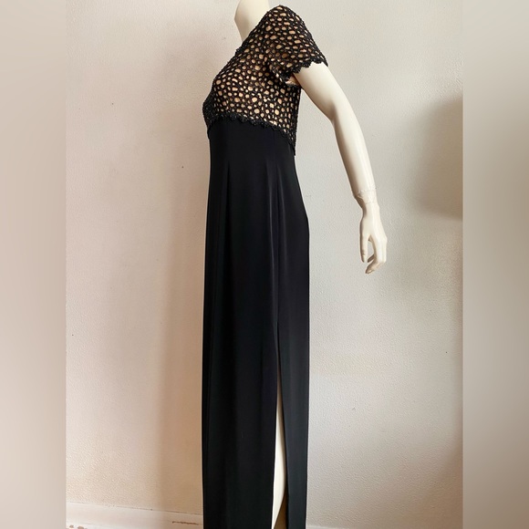 OLEG CASSINI DRESS Black Tie Long Evening Gown Side Slit Crepe Beaded Empire S/M - Picture 4 of 10